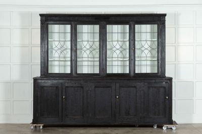19thC English Monumental Ebonised Pine Glazed Dresser