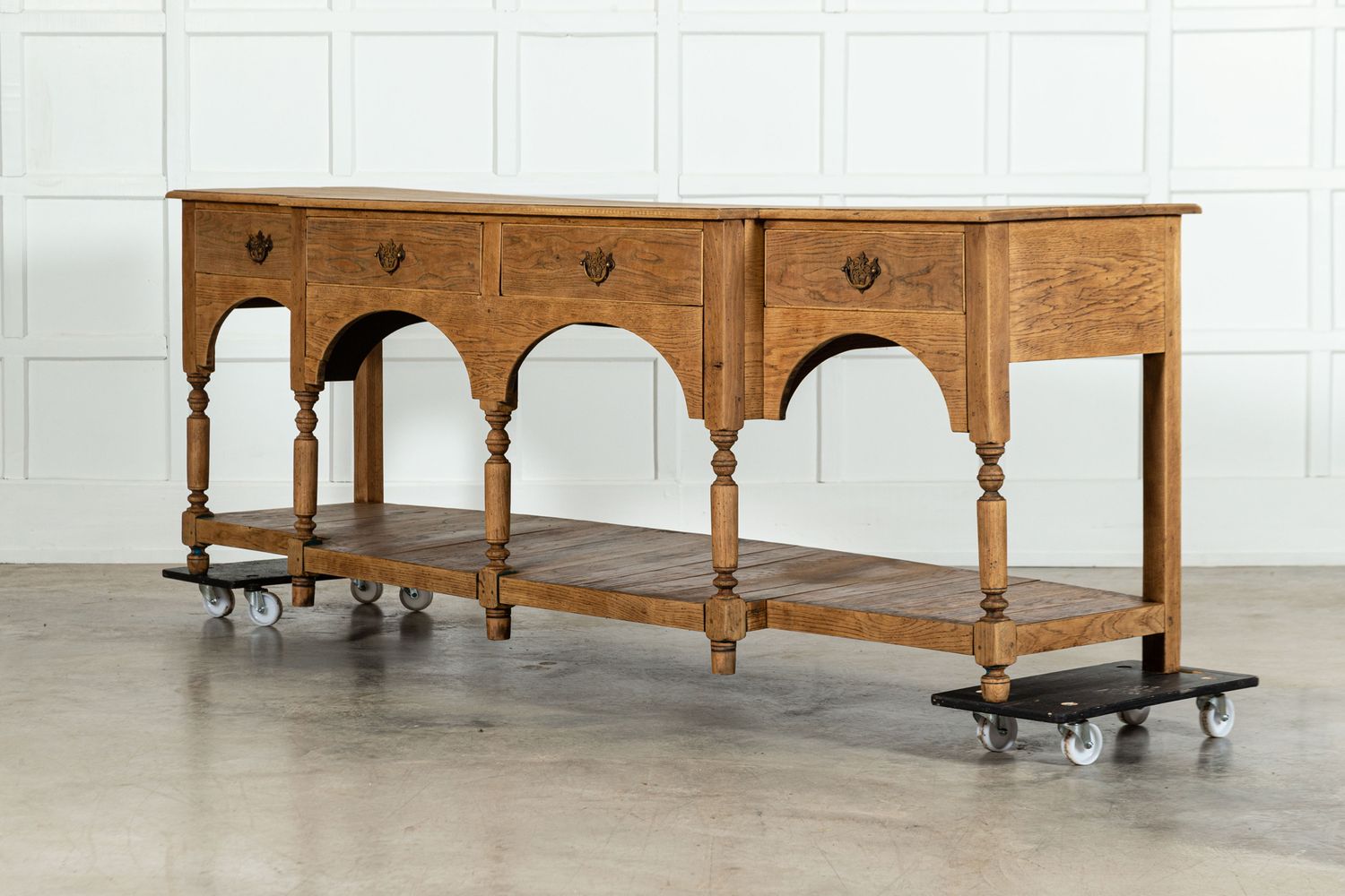 Monumental 19thC English Oak Breakfront Dresser Base