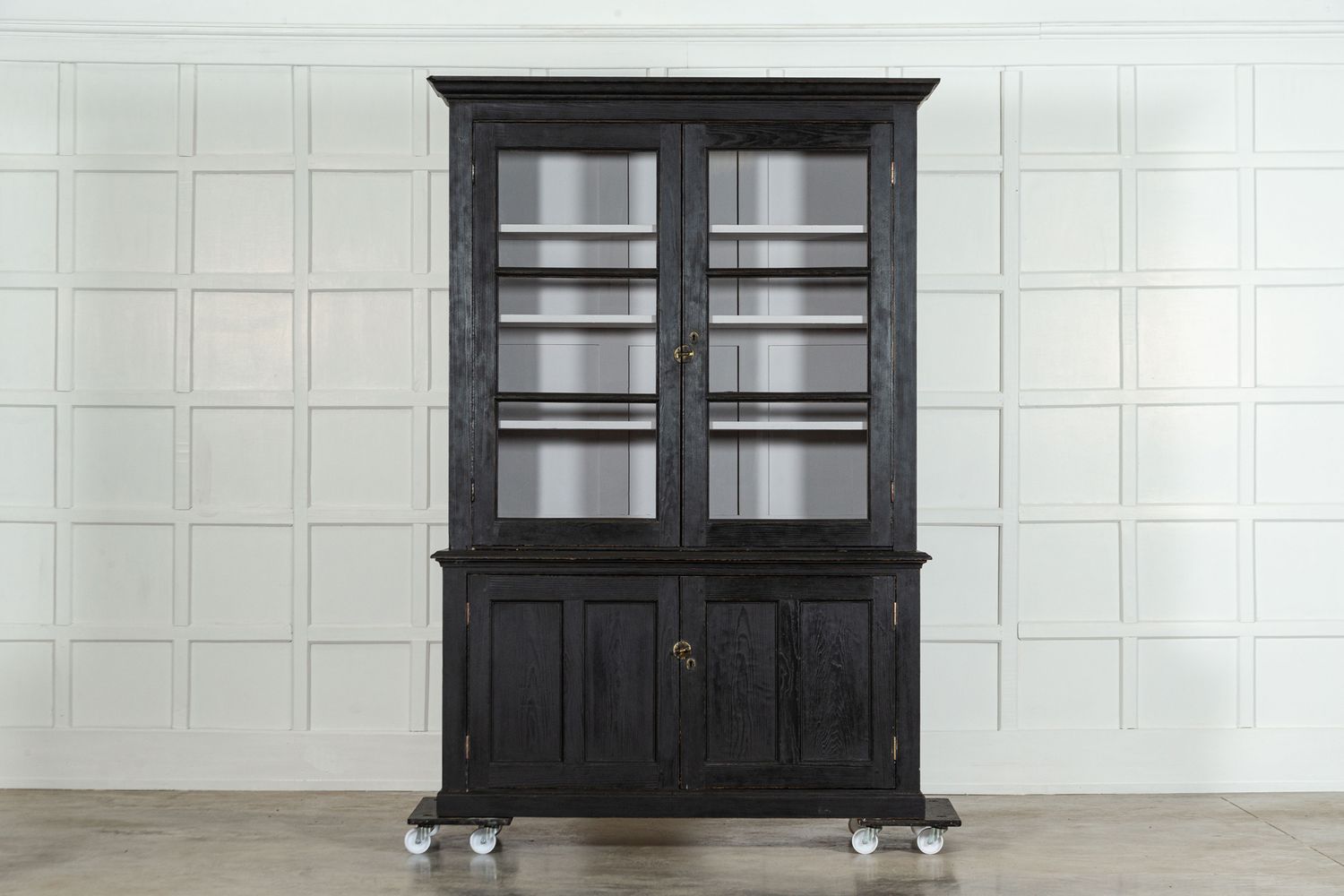 19thC English Ebonised Pine Glazed Bookcase Vitrine