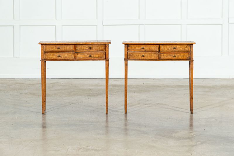 Pair Italian Oak Parquetry Inlaid Four Drawer Side Tables