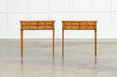 Pair Italian Oak Parquetry Inlaid Four Drawer Side Tables