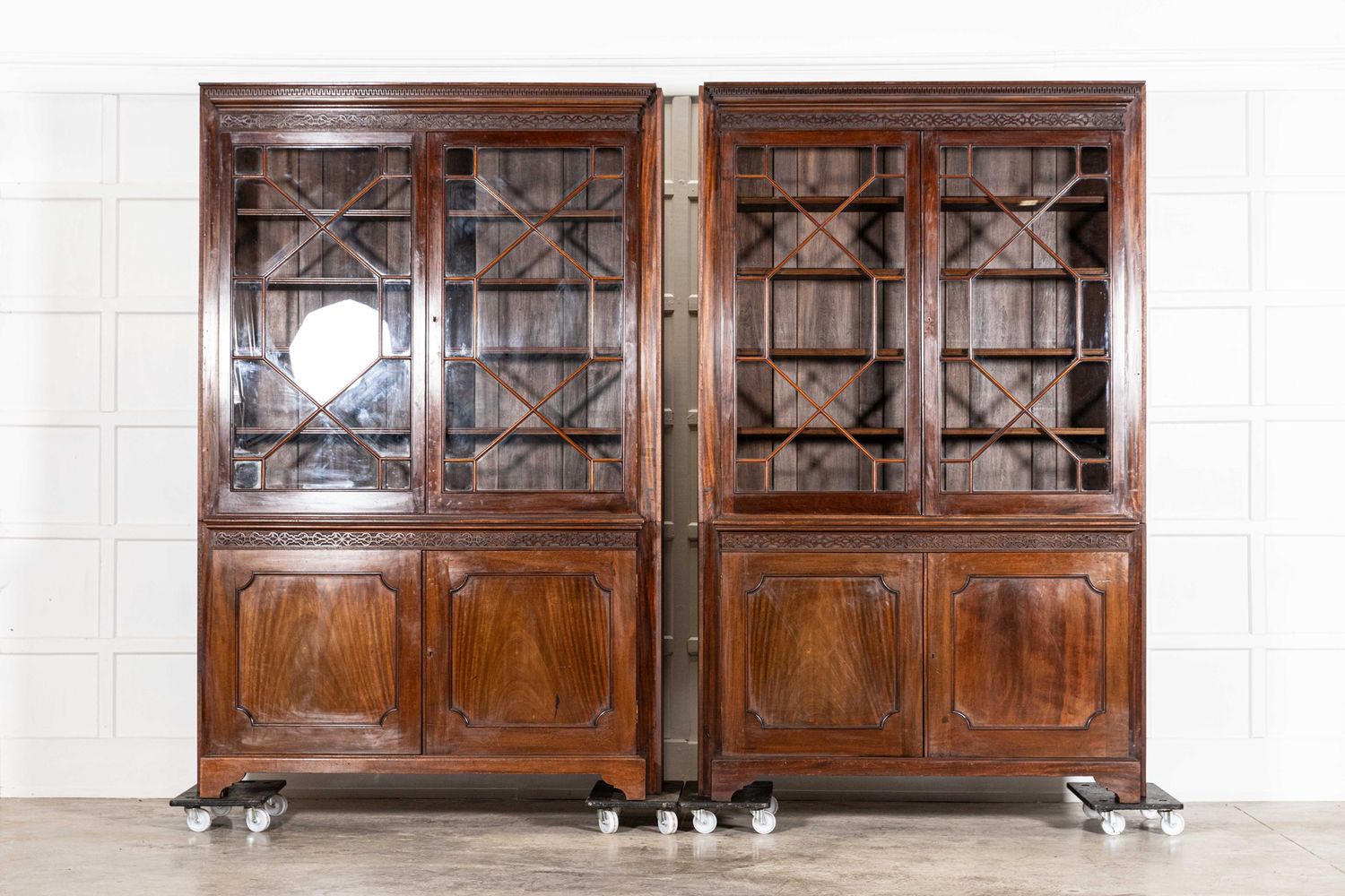 Pair Large 19thC English Mahogany Glazed Bookcases