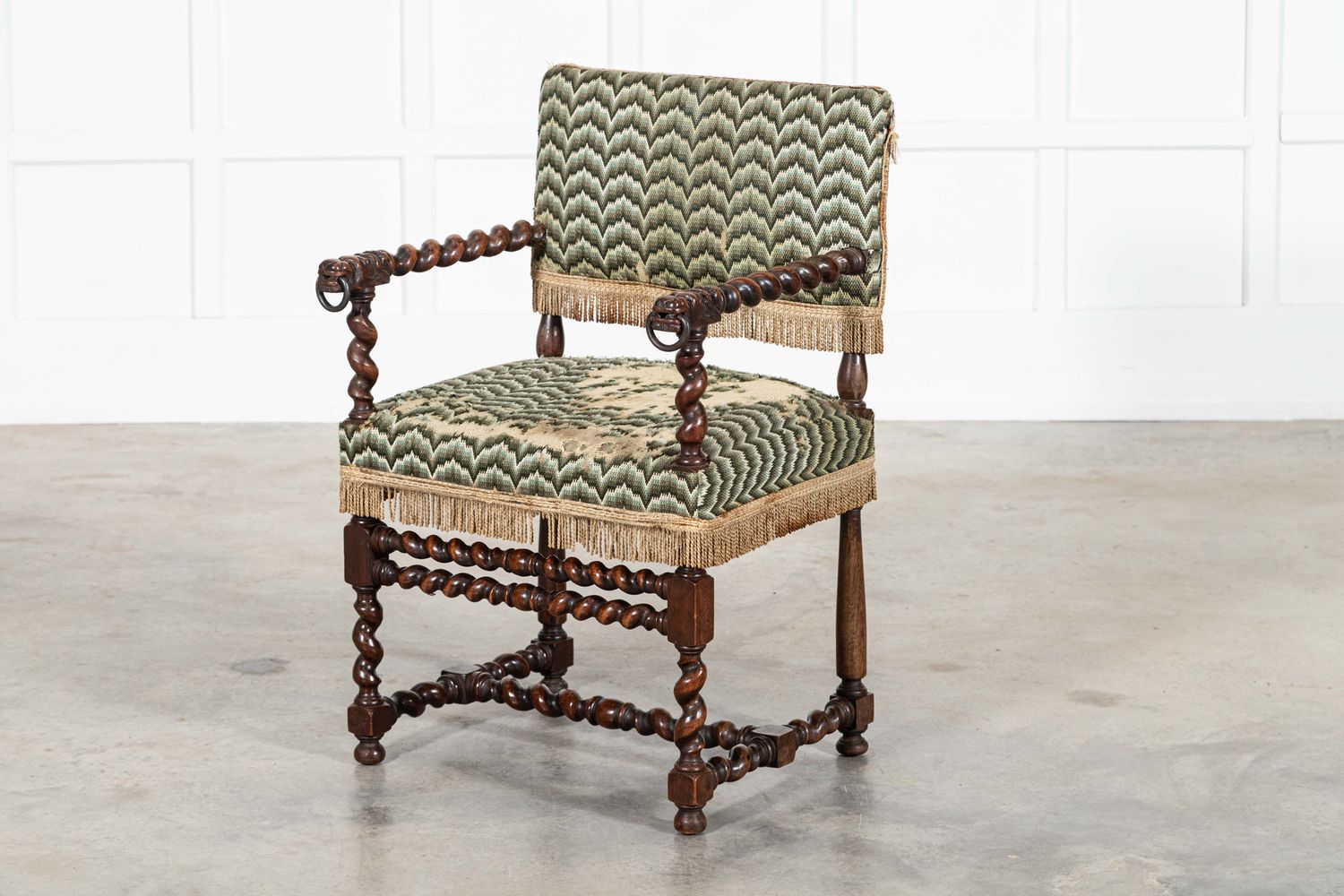 English 19thC Cromwellian Carved Oak Barley Twist Armchair