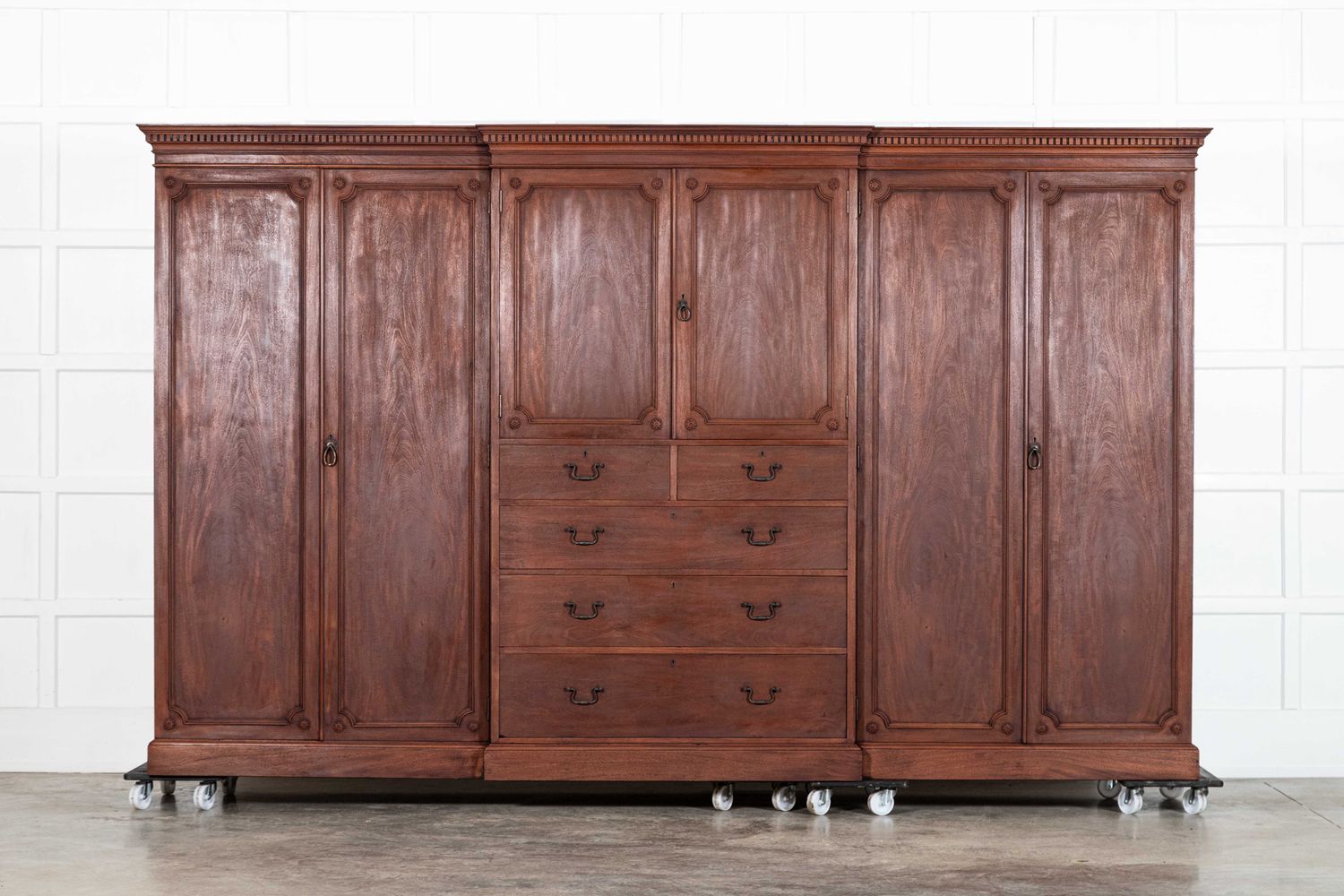 Monumental 19thC English Mahogany Breakfront Compactum Wardrobe