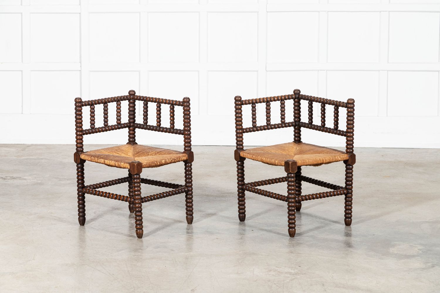 Pair 19thC English Oak Bobbin Corner Chairs