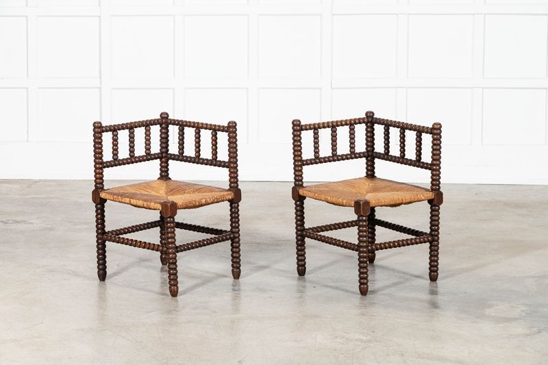 Pair 19thC English Oak Bobbin Corner Chairs