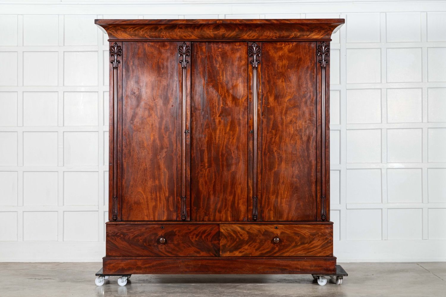 Large 19thC English Carved Mahogany Linen Press