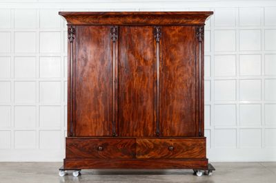 Large 19thC English Carved Mahogany Linen Press