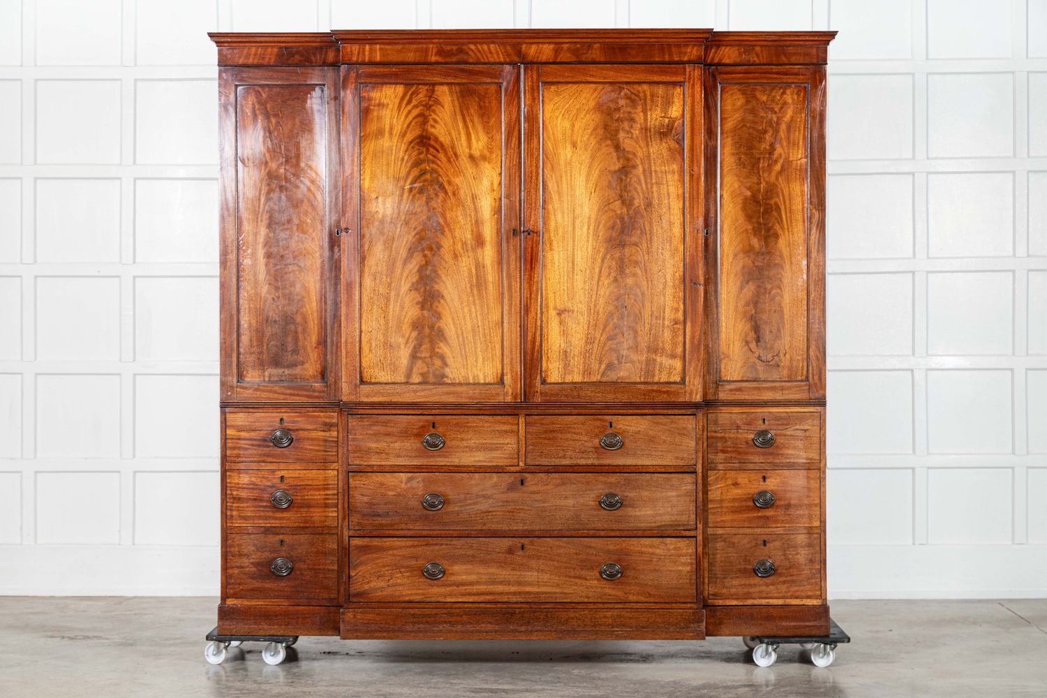 Large 19thC English Mahogany Breakfront Linen Press