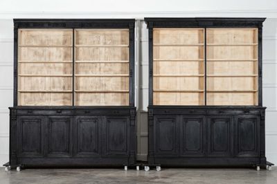 Pair Large 19thC English Ebonised & Bleached Carved Oak Bookcases