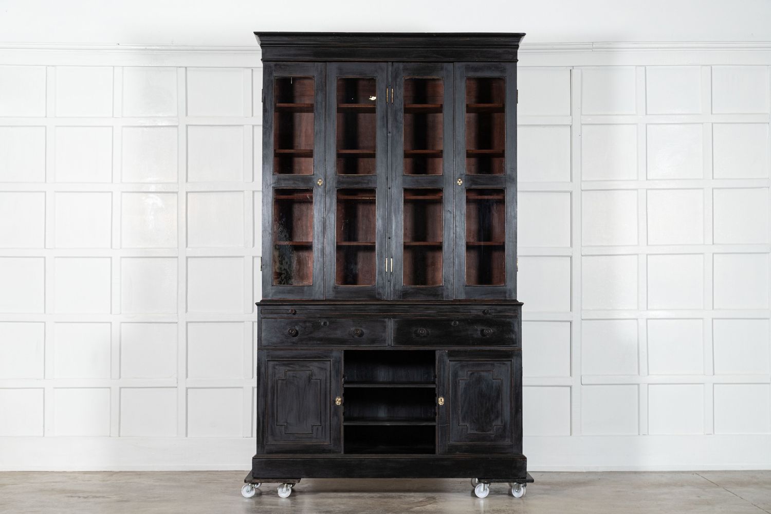 Large English 19thC Ebonised Mahogany Glazed Bookcase Secretaire