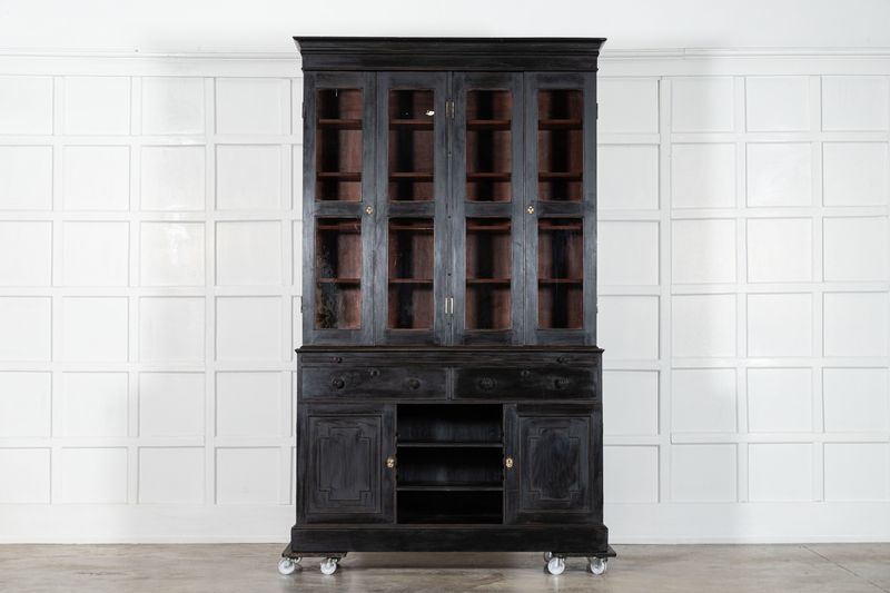 Large English 19thC Ebonised Mahogany Glazed Bookcase Secretaire