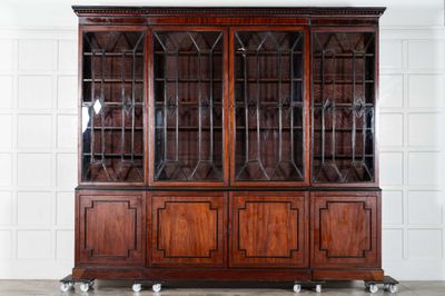 Monumental Irish Georgian Ebonised Mahogany & Astral Glazed Breakfront Bookcase   
