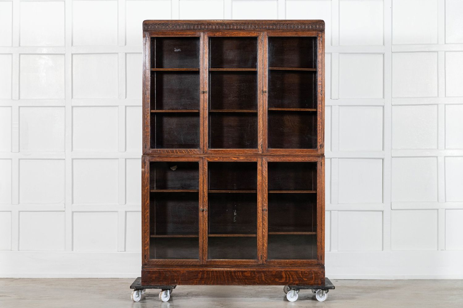Large English Oak Carved Modular Glazed Bookcase