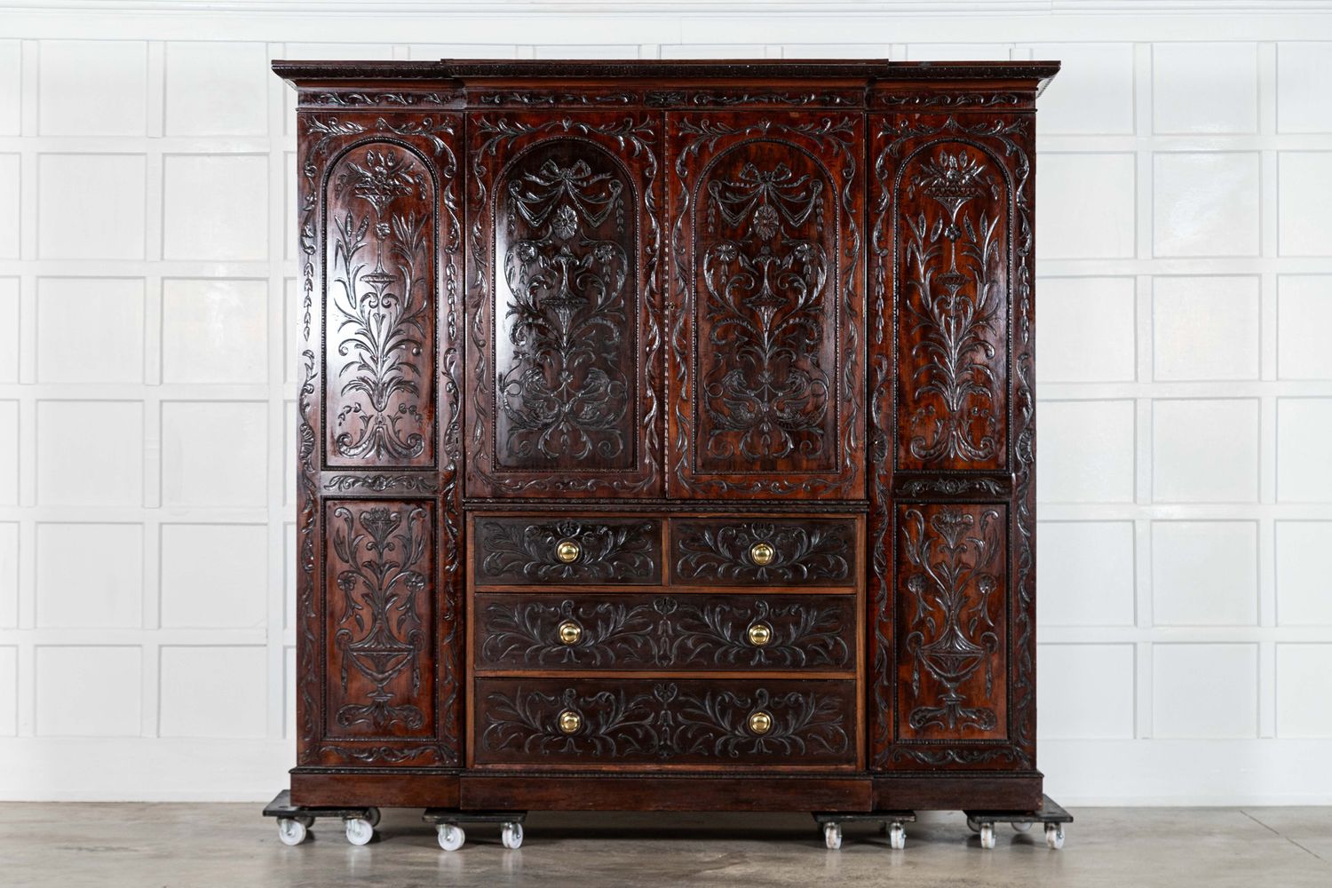 Large 19thC English Breakfront Mahogany Carved Linen Press