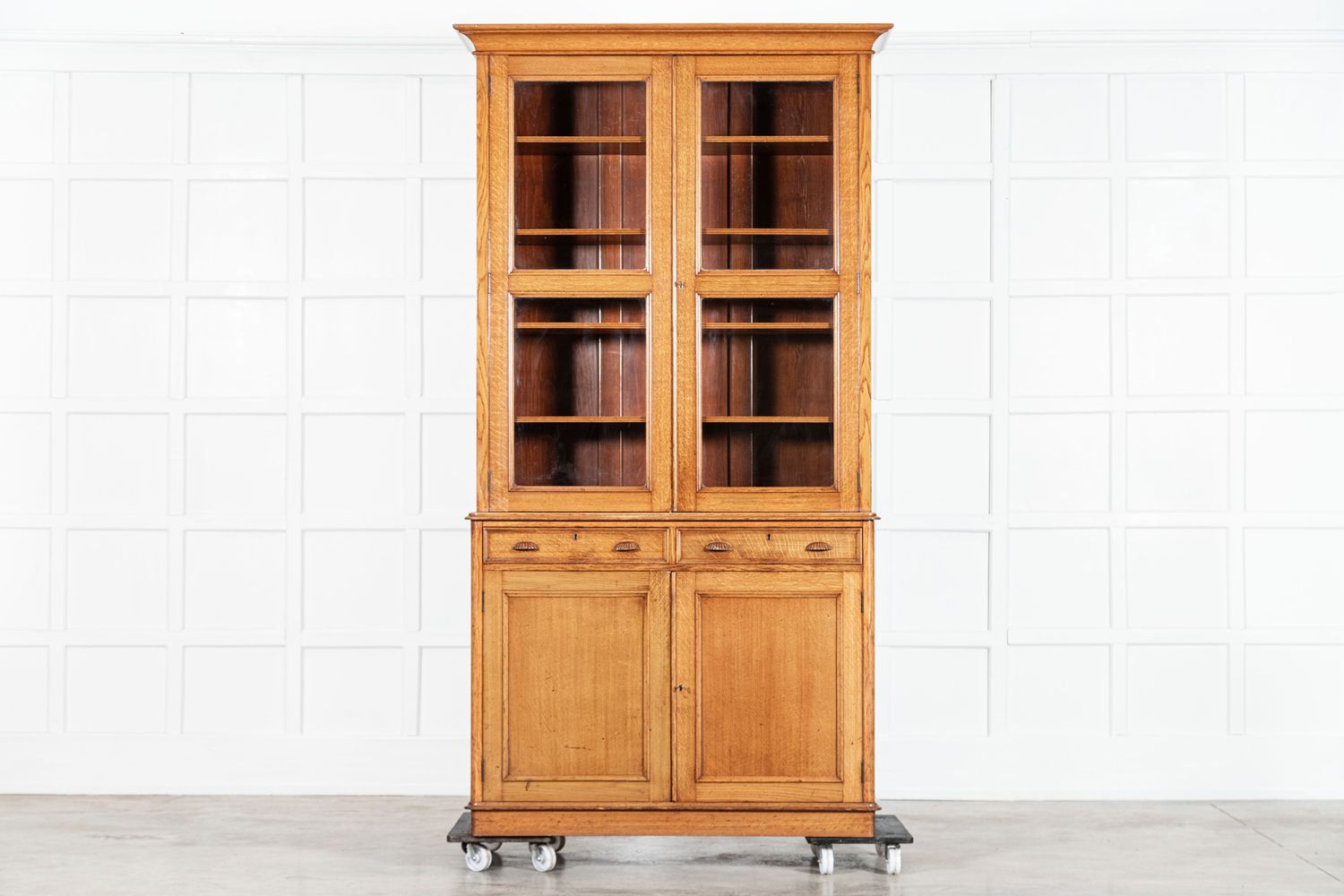 Tall English 19thC Oak Glazed Bookcase Cabinet