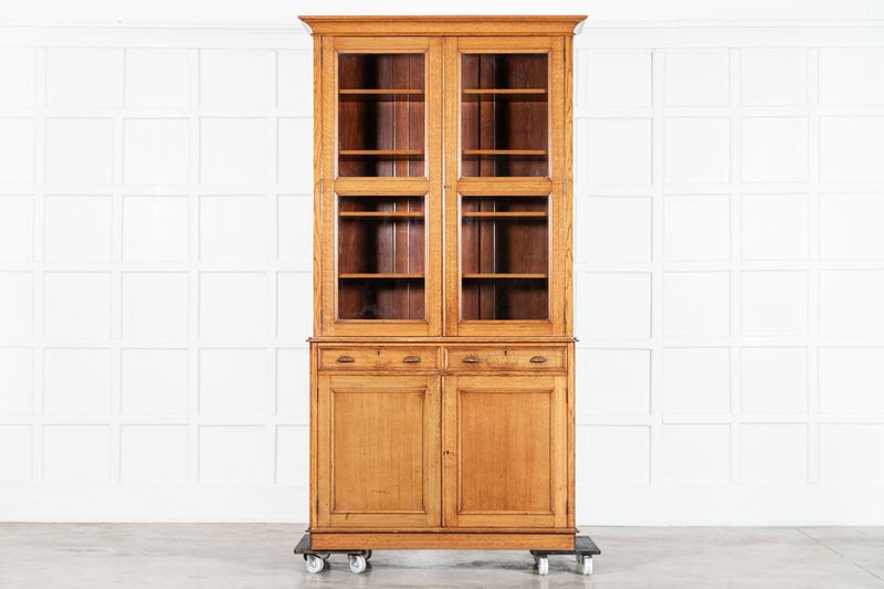 Tall English 19thC Oak Glazed Bookcase Cabinet