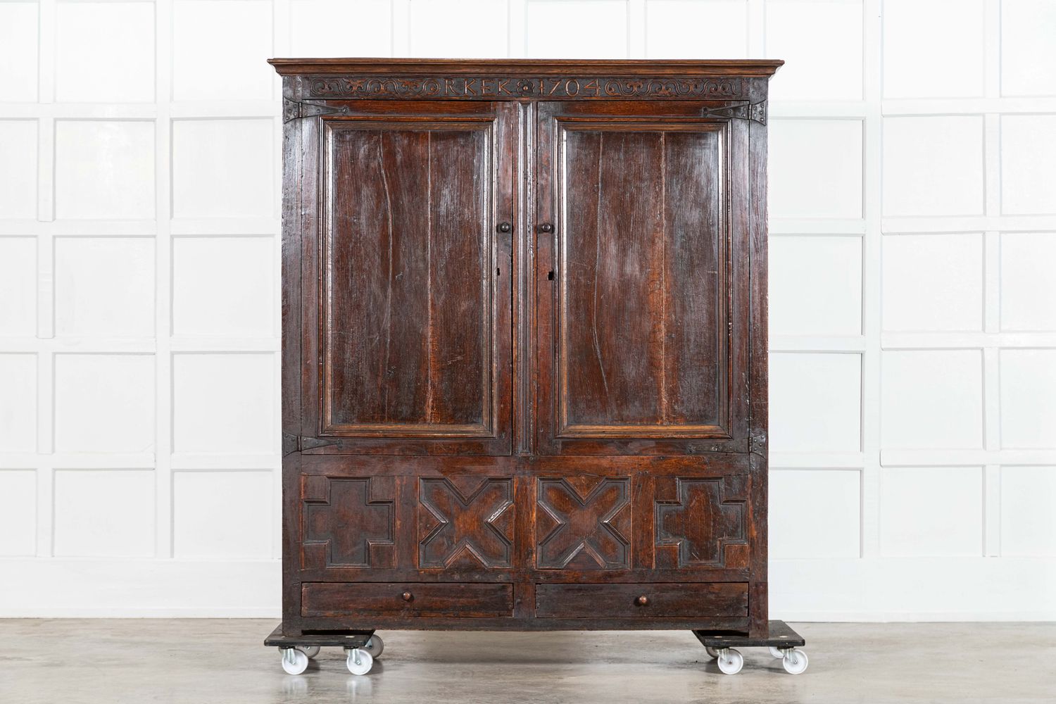Large English Early 18thC Carved Oak Marriage Cabinet