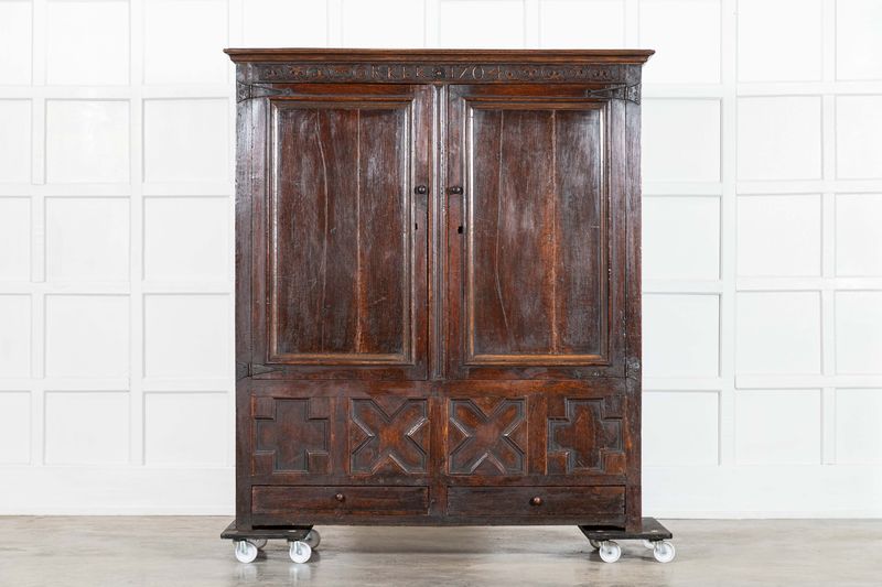 Large English Early 18thC Carved Oak Marriage Cabinet