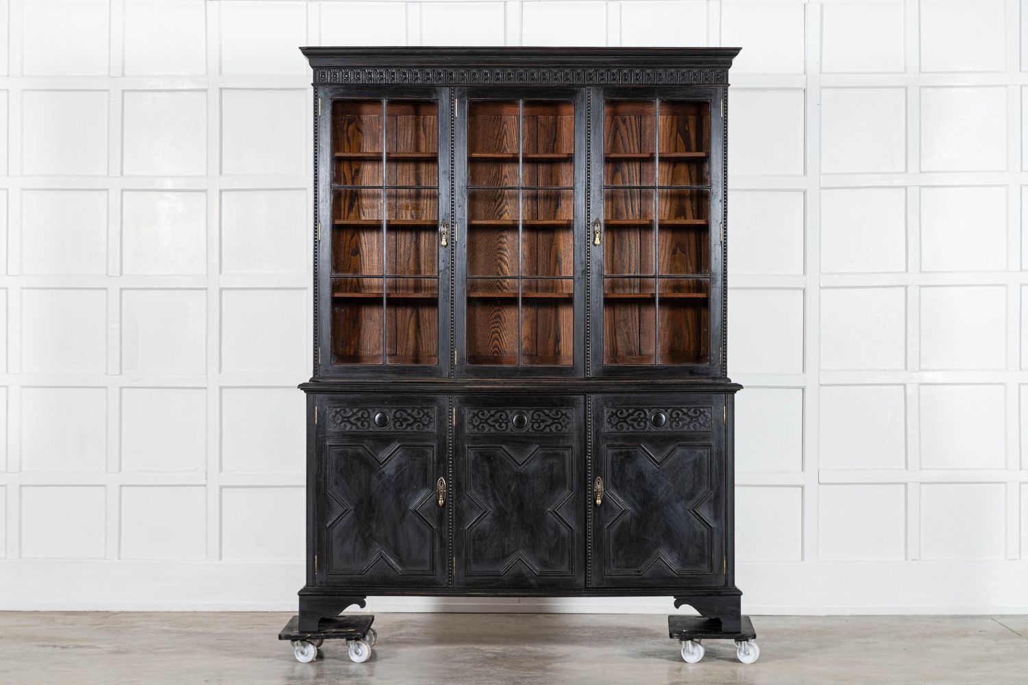 Large English Ebonised Oak Waring & Gillow Glazed Cabinet