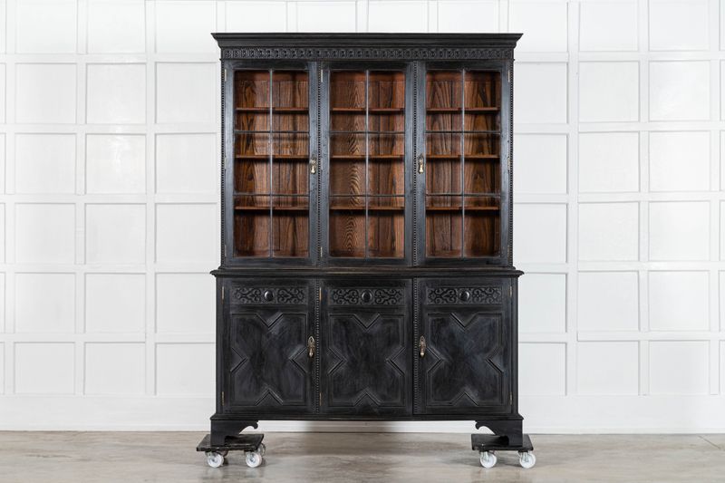 Large English Ebonised Oak Waring & Gillow Glazed Cabinet