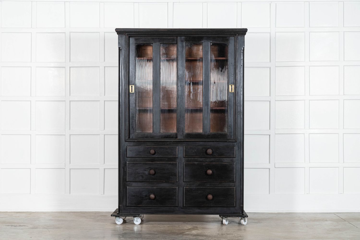 19thC English Ebonised Pine Glazed Housekeepers Cabinet