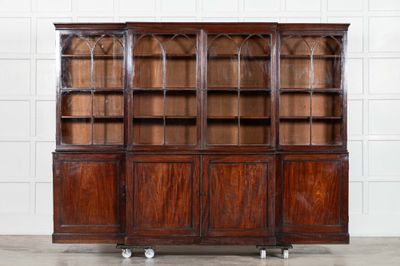 Monumental English Early 19thC Astral Arch Glazed Mahogany Breakfront Bookcase