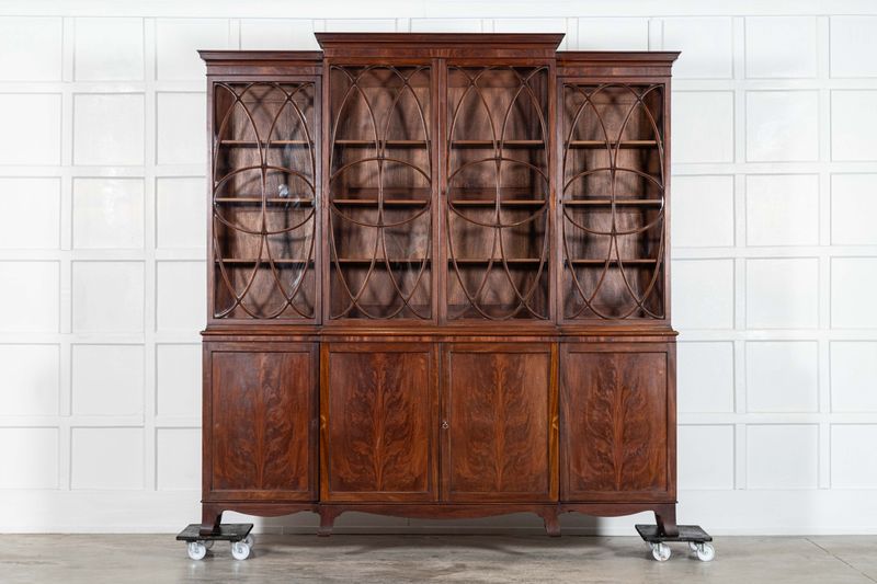 Large English Flame Mahogany Breakfront Bookcase