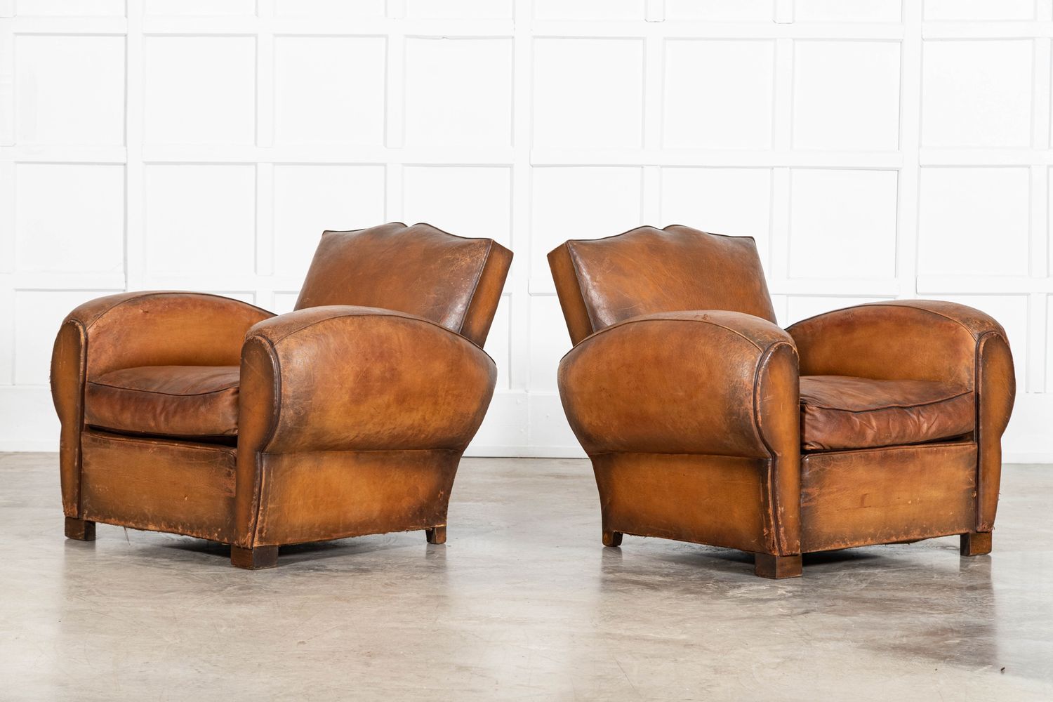 Pair French Leather Moustache Back Club Armchairs