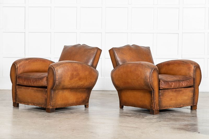 Pair French Leather Moustache Back Club Armchairs