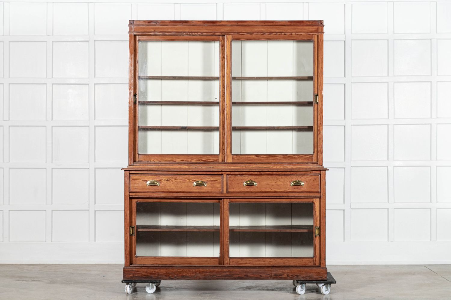 Large 19thC English Glazed Pine Haberdashery Cabinet