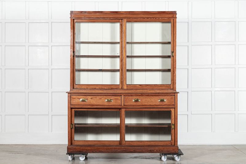 Large 19thC English Glazed Pine Haberdashery Cabinet