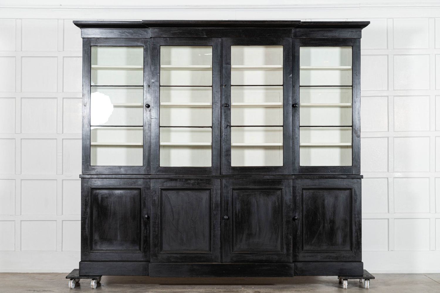 Monumental 19thC English Ebonised Mahogany Glazed Breakfront Bookcase