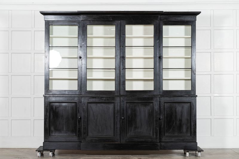 Monumental 19thC English Ebonised Mahogany Glazed Breakfront Bookcase