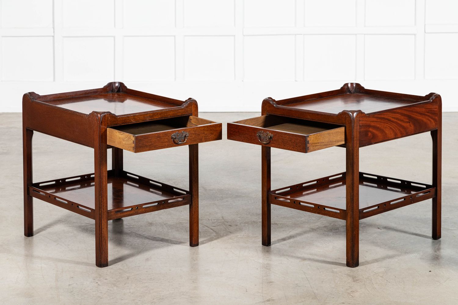 Pair English 19thC Mahogany Bed Side / Side Tables