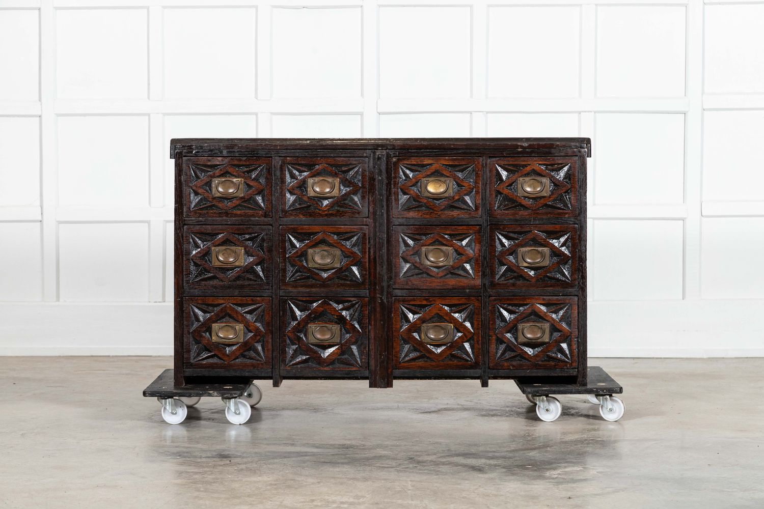 19thC English Carved Oak Apothecary Drawers
