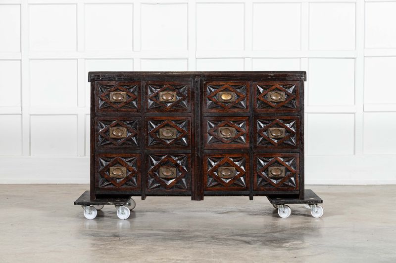 19thC English Carved Oak Apothecary Drawers