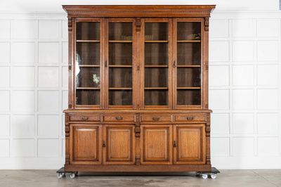 Monumental English 19thC Oak Glazed Library Bookcase