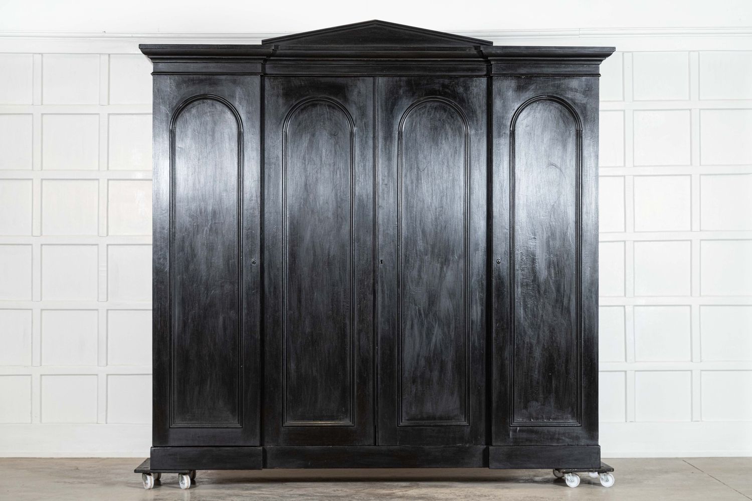 Monumental 19thC Ebonised English Ash Breakfront Linen Cupboard
