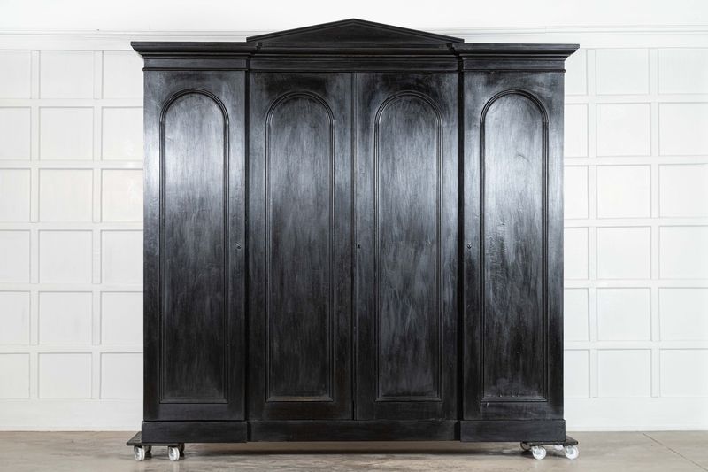 Monumental 19thC Ebonised English Ash Breakfront Linen Cupboard