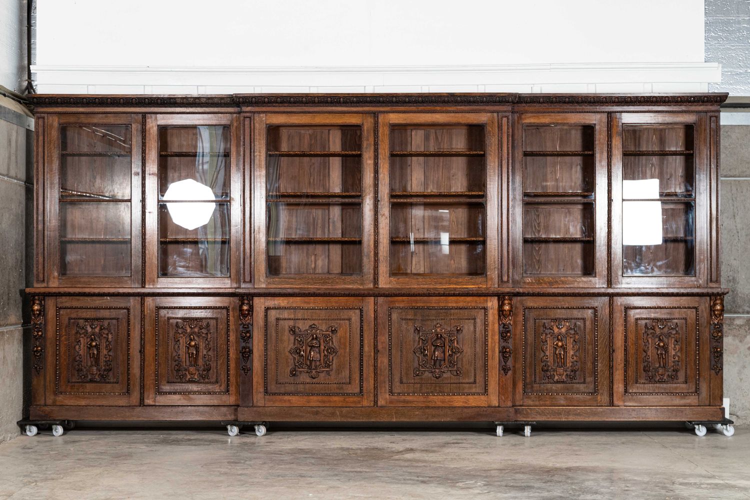 Magnificent Monumental English 19thC Carved Oak Breakfront Glazed Bookcase