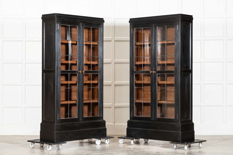 Pair English Ebonised Oak Glazed Bookcases