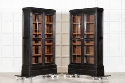 Pair English Ebonised Oak Glazed Bookcases Pair English Ebonised Oak Glazed Bookcases