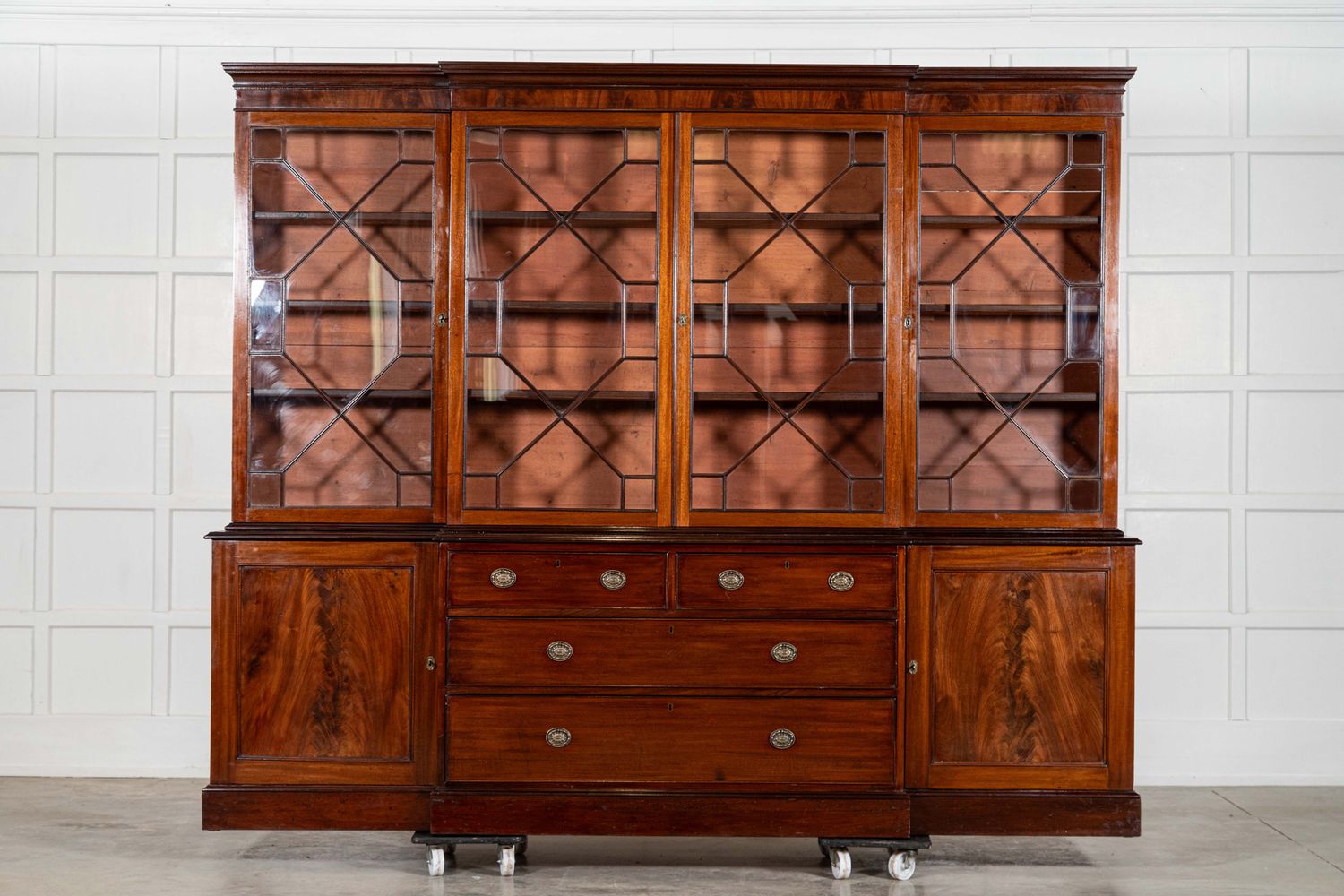 Large English 19thC Mahogany Breakfront Glazed Bookcase