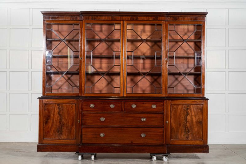 Large English 19thC Mahogany Breakfront Glazed Bookcase