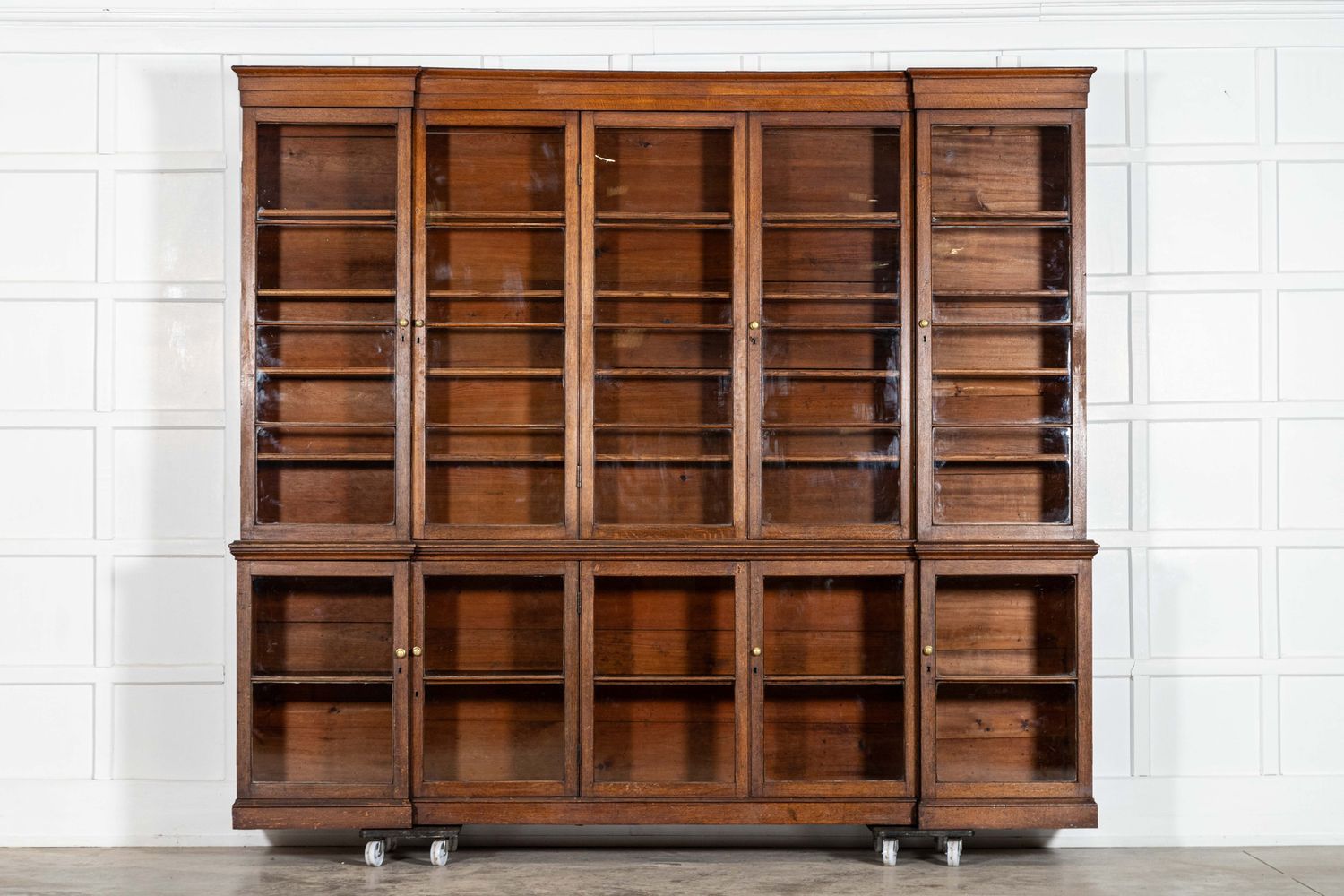 Monumental English 19thC Oak Breakfront Glazed Bookcase