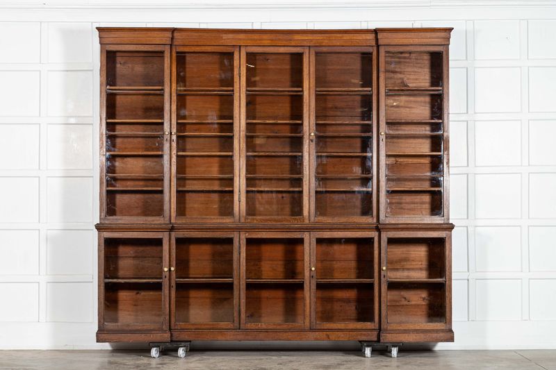 Monumental English 19thC Oak Breakfront Glazed Bookcase