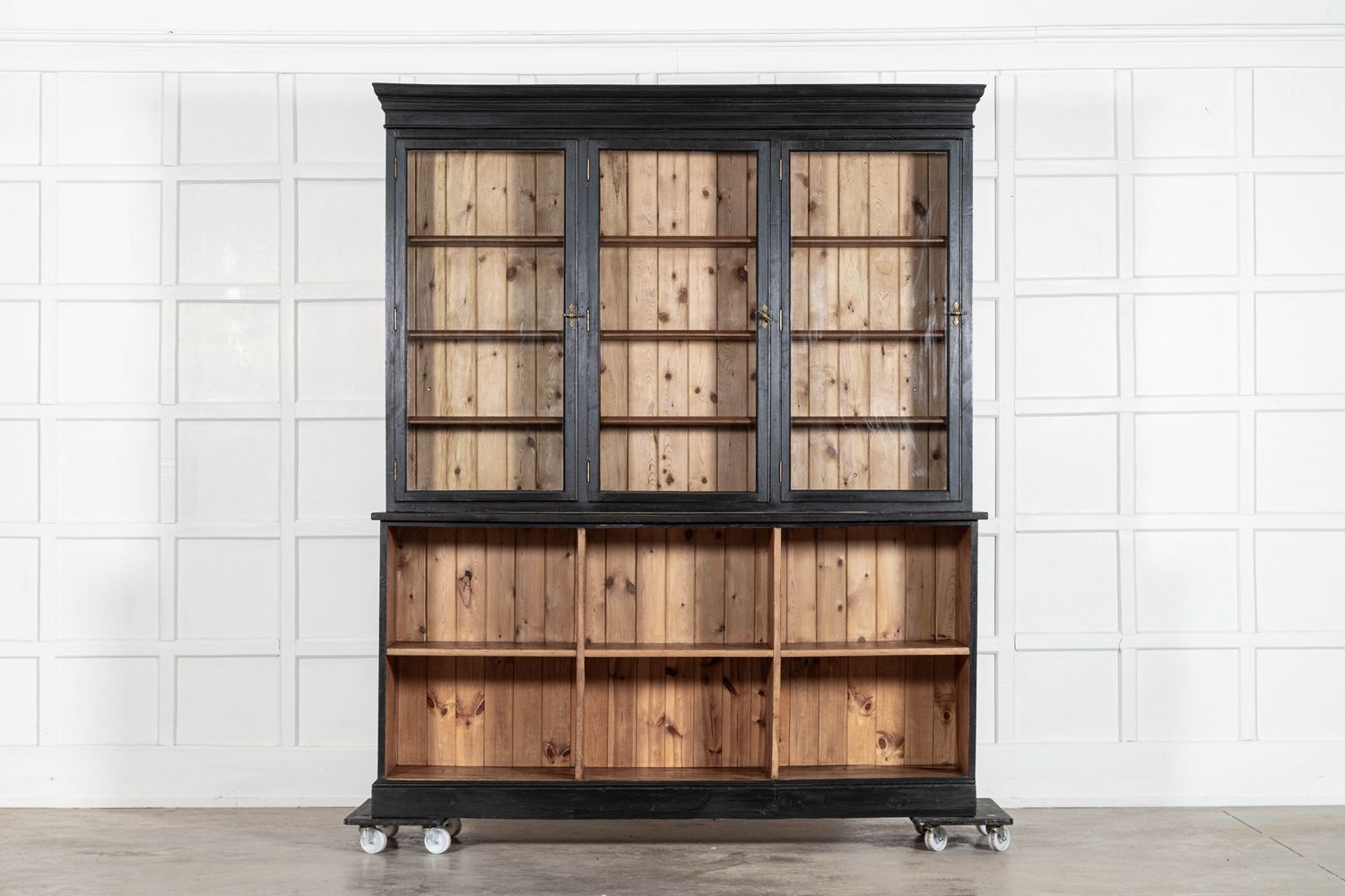 Large 19thC English Ebonised Fruitwood & Pine Glazed Bookcase Dresser