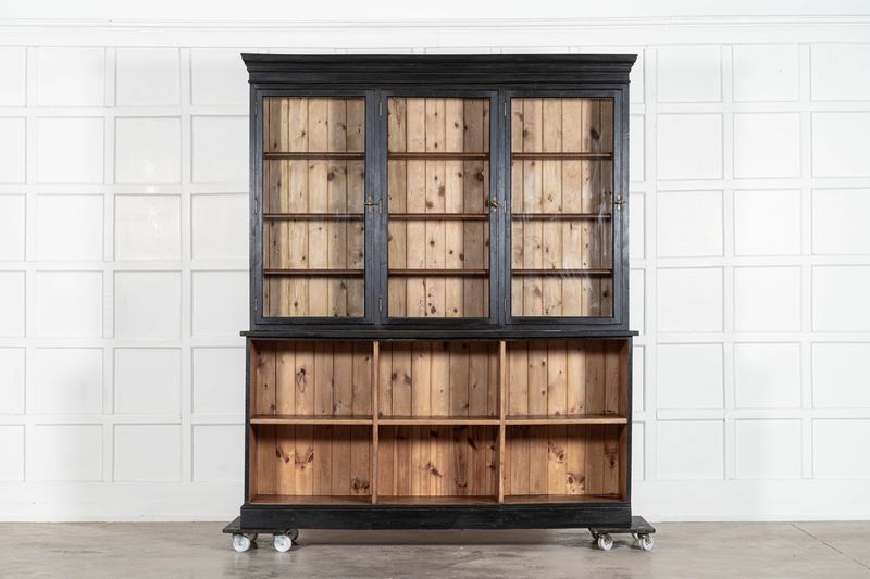 Large 19thC English Ebonised Fruitwood & Pine Glazed Bookcase Dresser