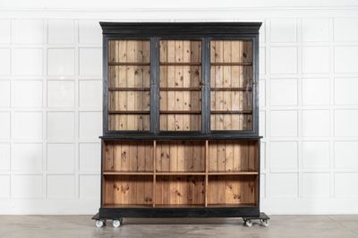 Large 19thC English Ebonised Fruitwood & Pine Glazed Bookcase Dresser